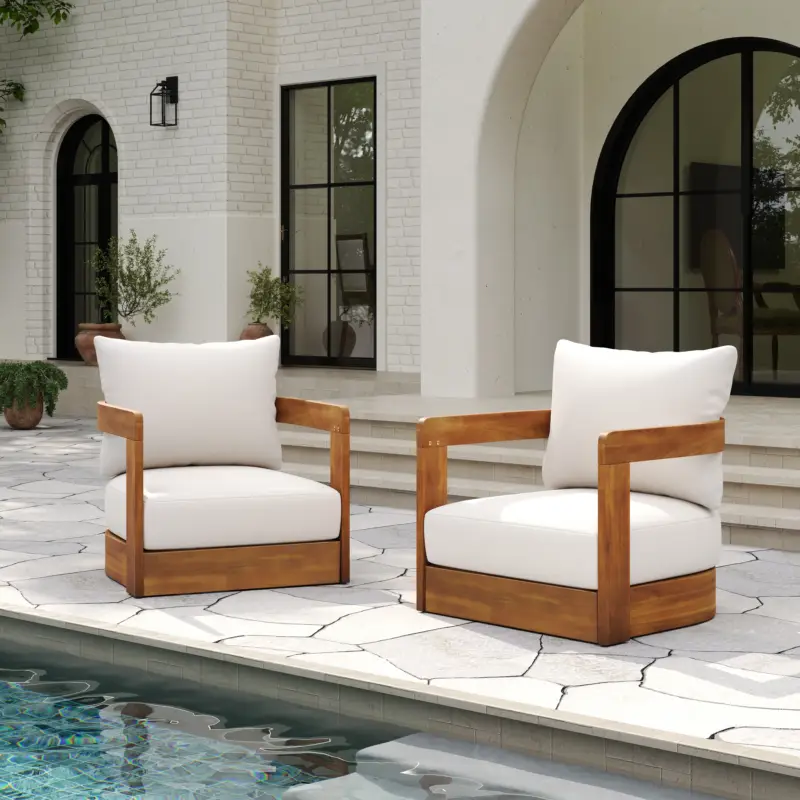 Walker Edison | Set of 2 Premium Acacia Wood Curve Design Outdoor Club Chairs Authentic