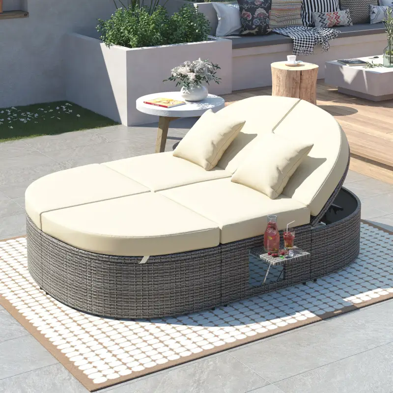 Sale Wicker Outdoor Sun Bed Patio 2-Person Daybed with Cushions and Pillows