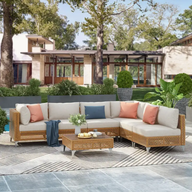 Latest Outdoor 7-Piece Wicker Conversation Sectional Sofa Set with Cushions and Coffee Table