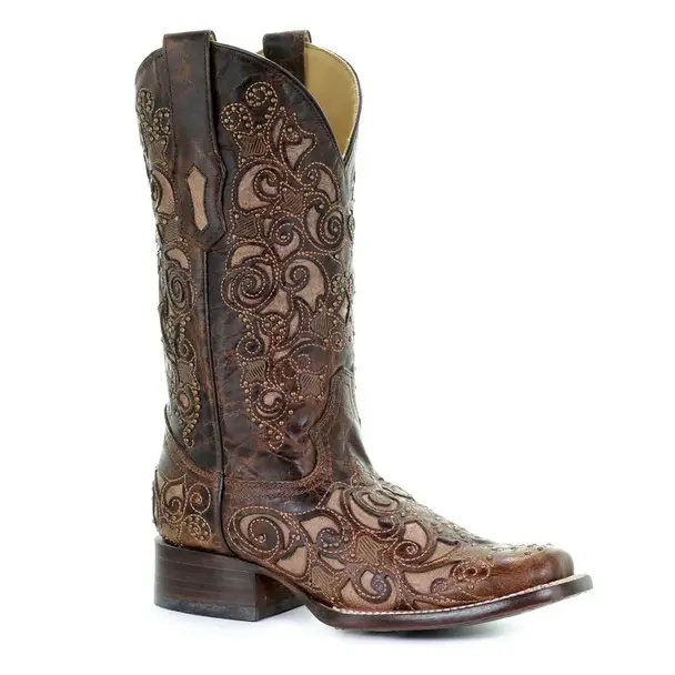 CORRAL Women's Brown Inlay & Studs Embroidery Square Toe Boots (A3326-LD) Today Only