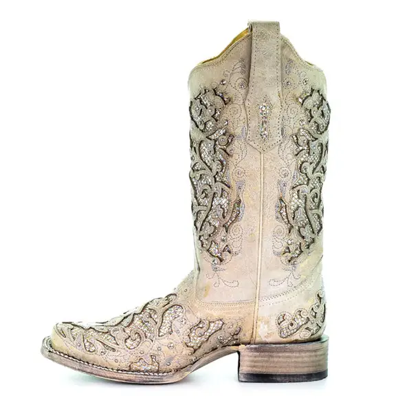CORRAL Women's White Glitter Inlay/Crystals Square Toe Wedding Boot (A3397-LD) Hot Deal