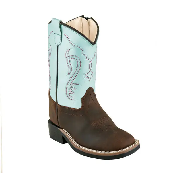 Brand New OLD WEST Toddler's Brown and Silver Light Blue Broad Square Toe Boots (BSI1909)