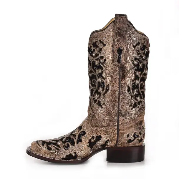 CORRAL Women's Brown Inlay and Flowered Embroidery and Studs Boot (A3648-LD) Holiday Sale