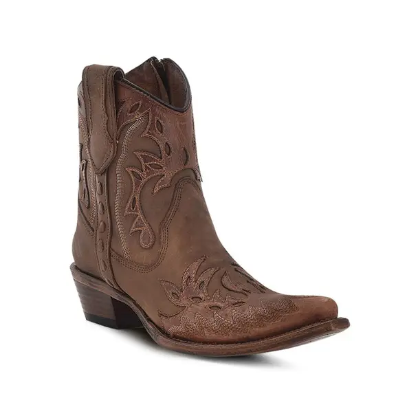 Best Price CORRAL Women's Circle G Cognac-Tobacco Embroidery & Zipper & Overlay & Wing Tip Ankle Boots (L6100)
